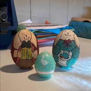 Hand-Painted Bunny Egg Figurines Set - Brown, Teal, and Cream